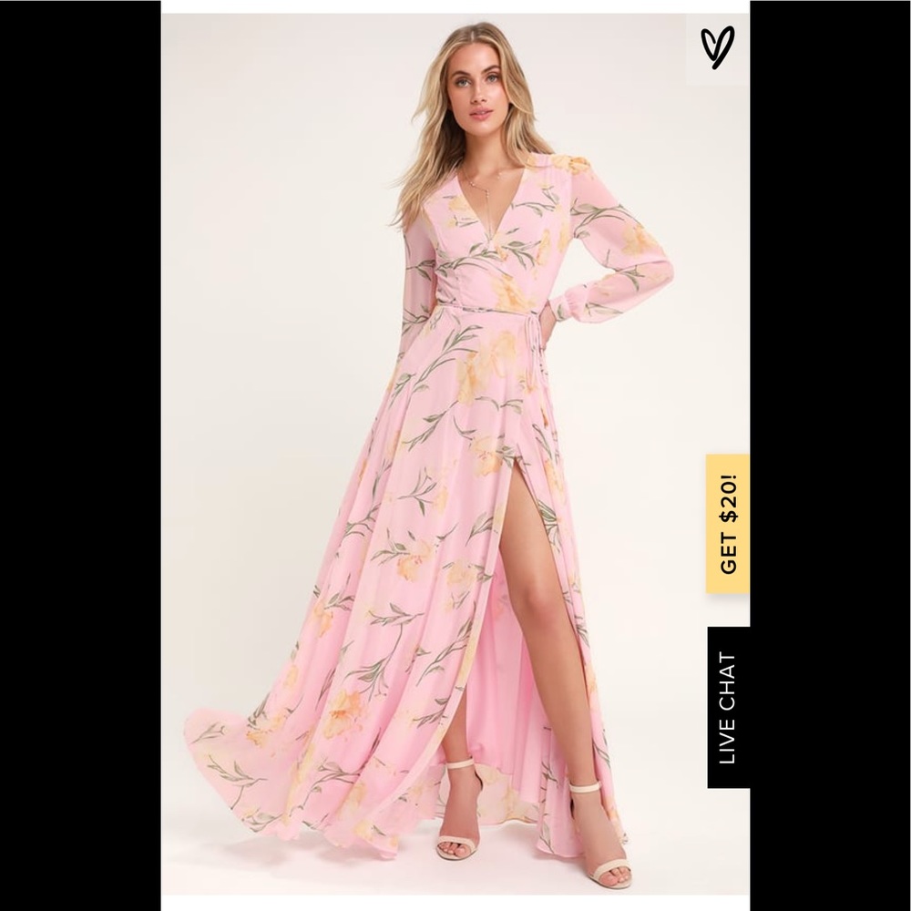 NWT Lulu’s pink print long sleeve maxi wrap dress